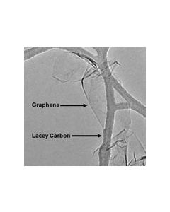 A typical TEM image of graphene sheets freely suspended on a lacey carbon TEM grid.