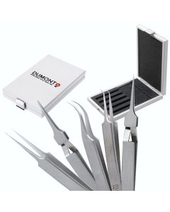 Dumont Set of 5 Tweezers, Biological Grade, Dumoxel, incl. Storage Box