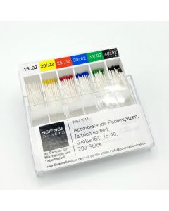 Absorbent paper tips, assorted colors, size ISO 15-40, 200 pieces